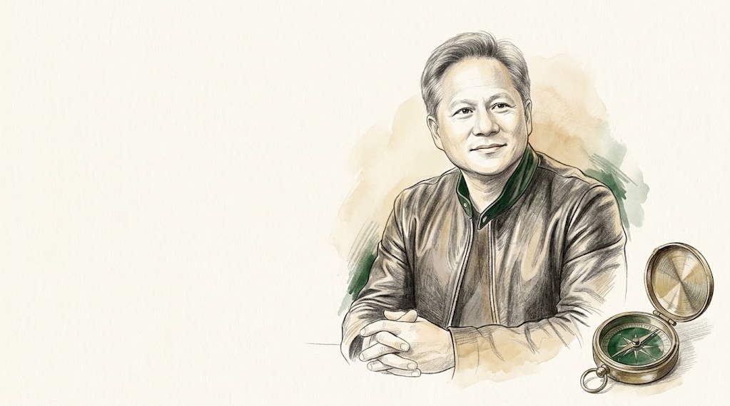 가죽 재킷을 입은 젠슨 황을 연필과 수채로 그린 초상, 오른쪽 아래에 열린 놋쇠 나침반