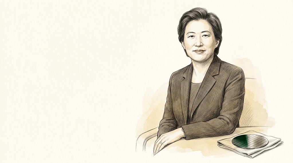 단정한 재킷 차림의 리사 수를 연필과 수채로 그린 초상, 오른쪽 아래에 작은 실리콘 웨이퍼 한 장