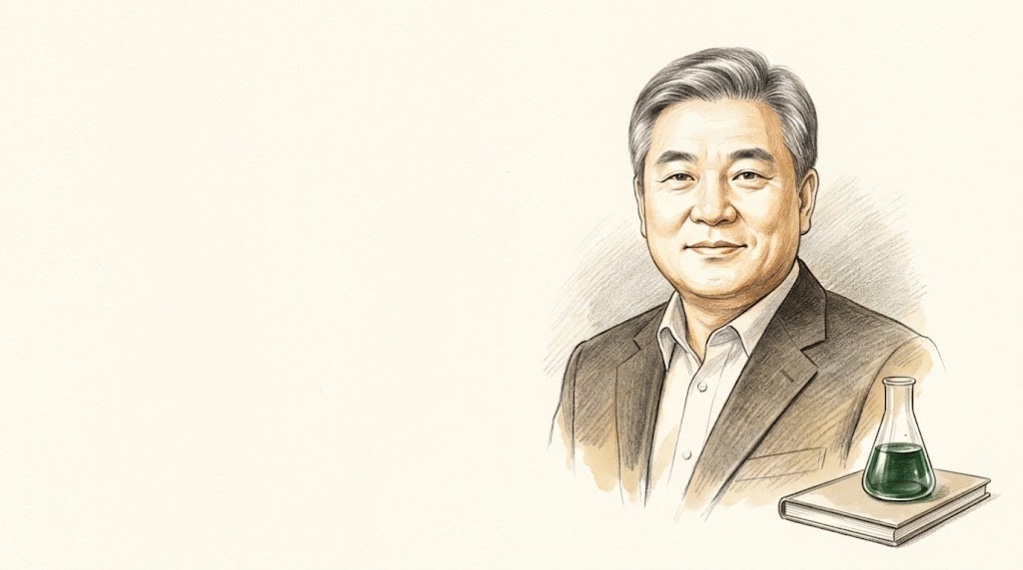 짧은 회색 머리에 정장을 입은 60대 후반의 서정진을 연필과 수채로 그린 초상, 오른쪽 아래에 초록 액체가 든 작은 유리 플라스크