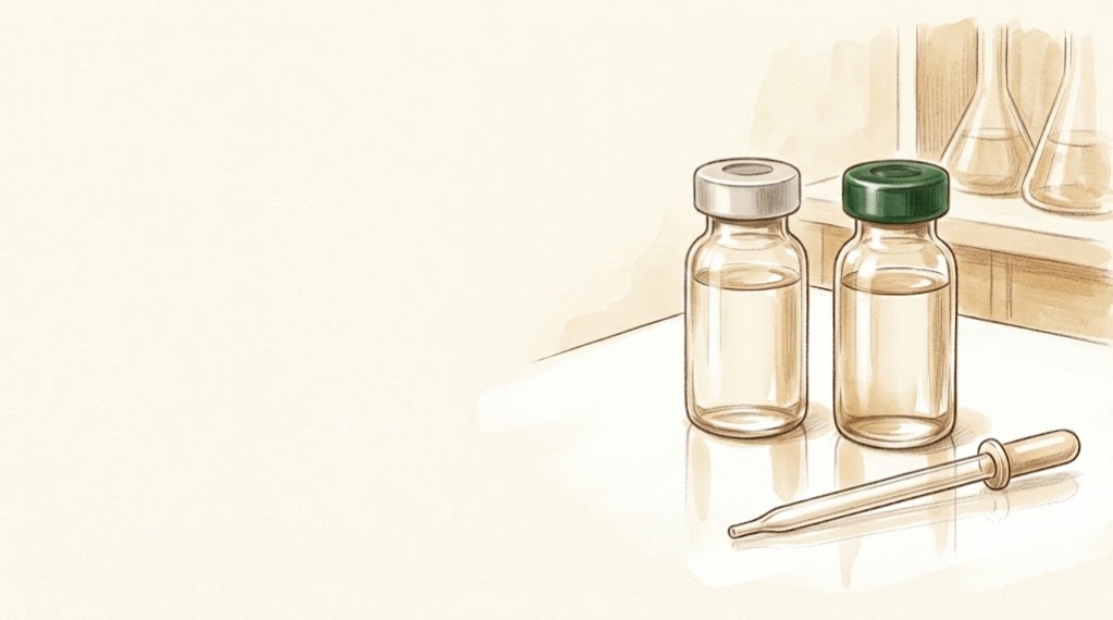 실험대 위에 나란히 선 거의 똑같은 유리 약병 두 개, 하나는 회색 뚜껑, 하나는 초록 뚜껑