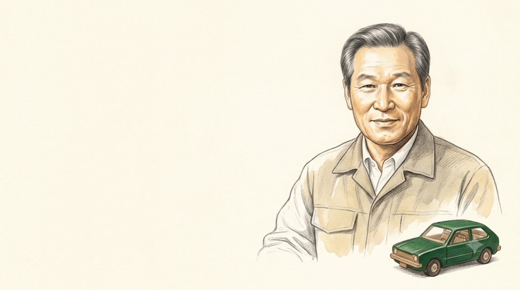 작업 점퍼를 입은 1970년대 중년의 정주영을 연필과 수채로 그린 초상, 오른쪽 아래 작업대 위에 작은 나무 자동차 모형
