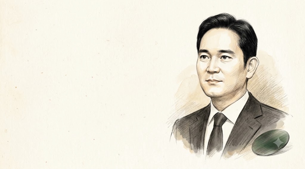 정장 차림의 이재용을 연필과 수채로 그린 초상, 오른쪽 아래에 얇은 실리콘 웨이퍼 한 장