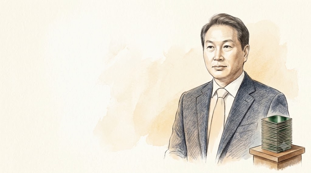 짙은 양복을 입은 최태원 회장을 연필과 수채로 그린 초상, 오른쪽 아래에 얇은 칩을 층층이 쌓은 작은 탑